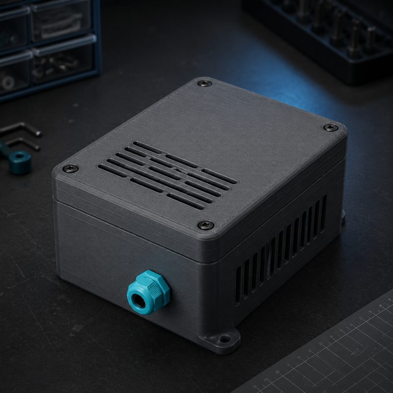 Gedrucktes Elektronik-Gehäuse mit Kabelverschraubung und Lüftungsschlitzen