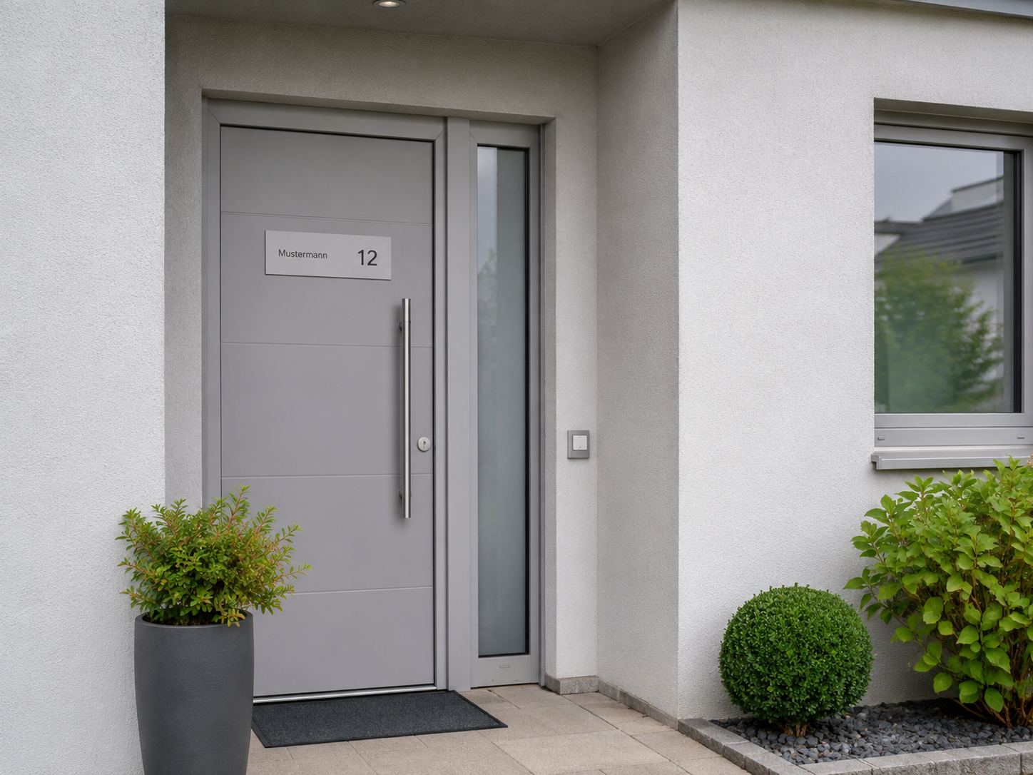 Graue Haustür eines modernen Wohnhauses mit einem hellen, rechteckigen Türschild mit Namenszug und Hausnummer neben dem Griff